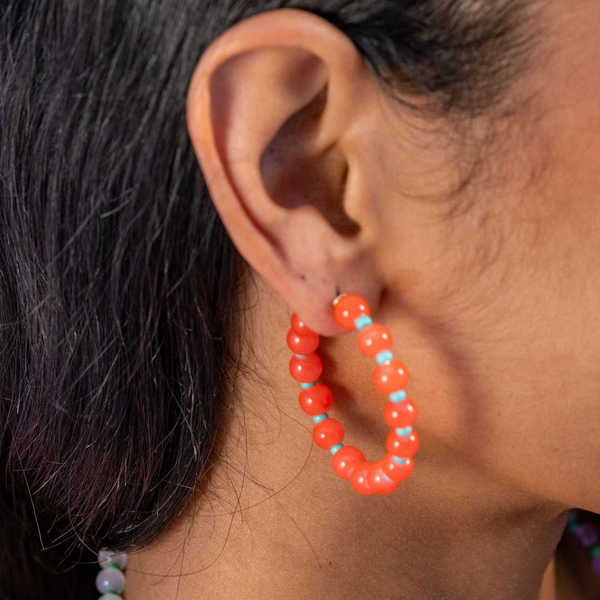 Angela Round Stones With Alternating Seed Bead Hoop Earrings Ink & Alloy Jewelry - Earrings