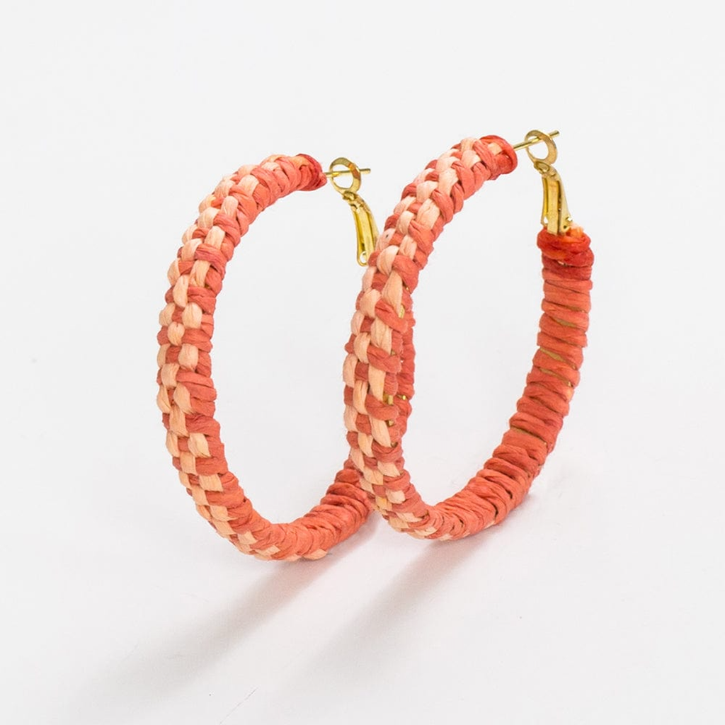 Coral/Peach Holly Two-Color Woven Raffia Hoop Earrings Ink & Alloy Jewelry - Earrings