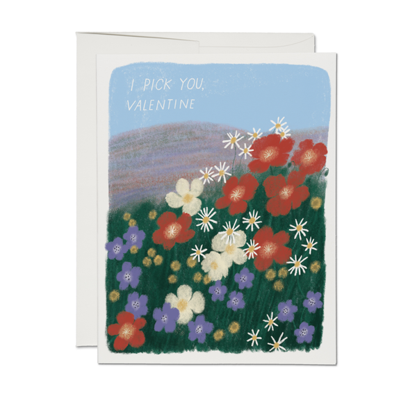 Picking Flowers Valentine's Day Card Red Cap Cards Cards - Holiday - Valentine's Day