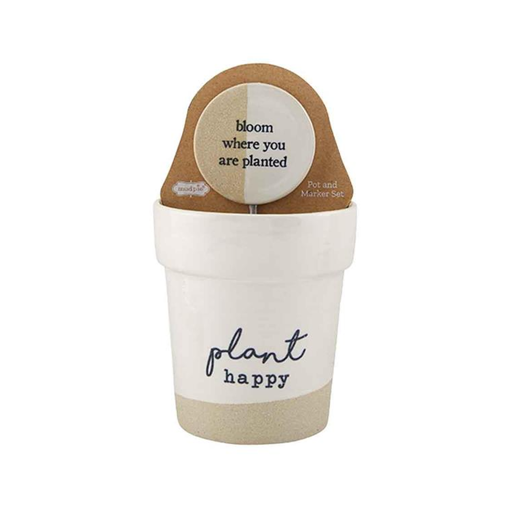 PLANT HAPPY Two-Tone Pot &amp; Marker Set Mud Pie Home - Garden - Vases & Planters