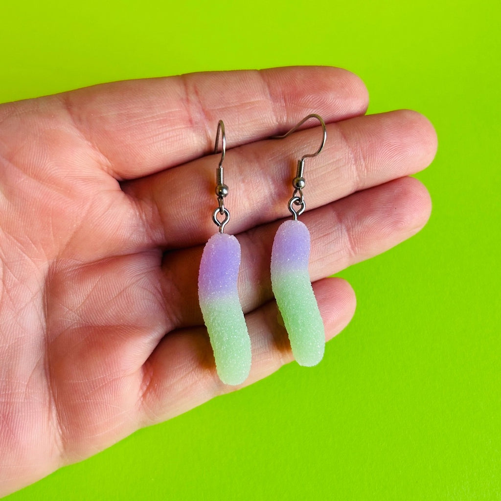 Purple/Green Sour Candy Worm Earrings Alien Bratz Jewelry - Earrings
