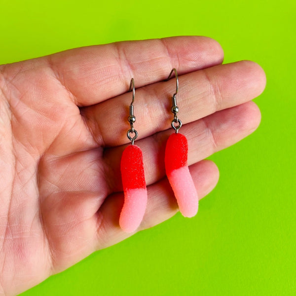 Red/Pink Sour Candy Worm Earrings Alien Bratz Jewelry - Earrings