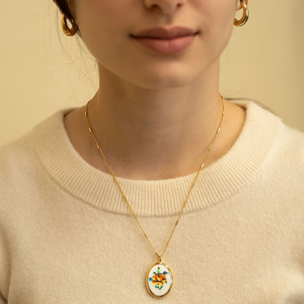 Needlepoint Vintage Flower Cameo Necklace Amano Studio Jewelry - Necklaces