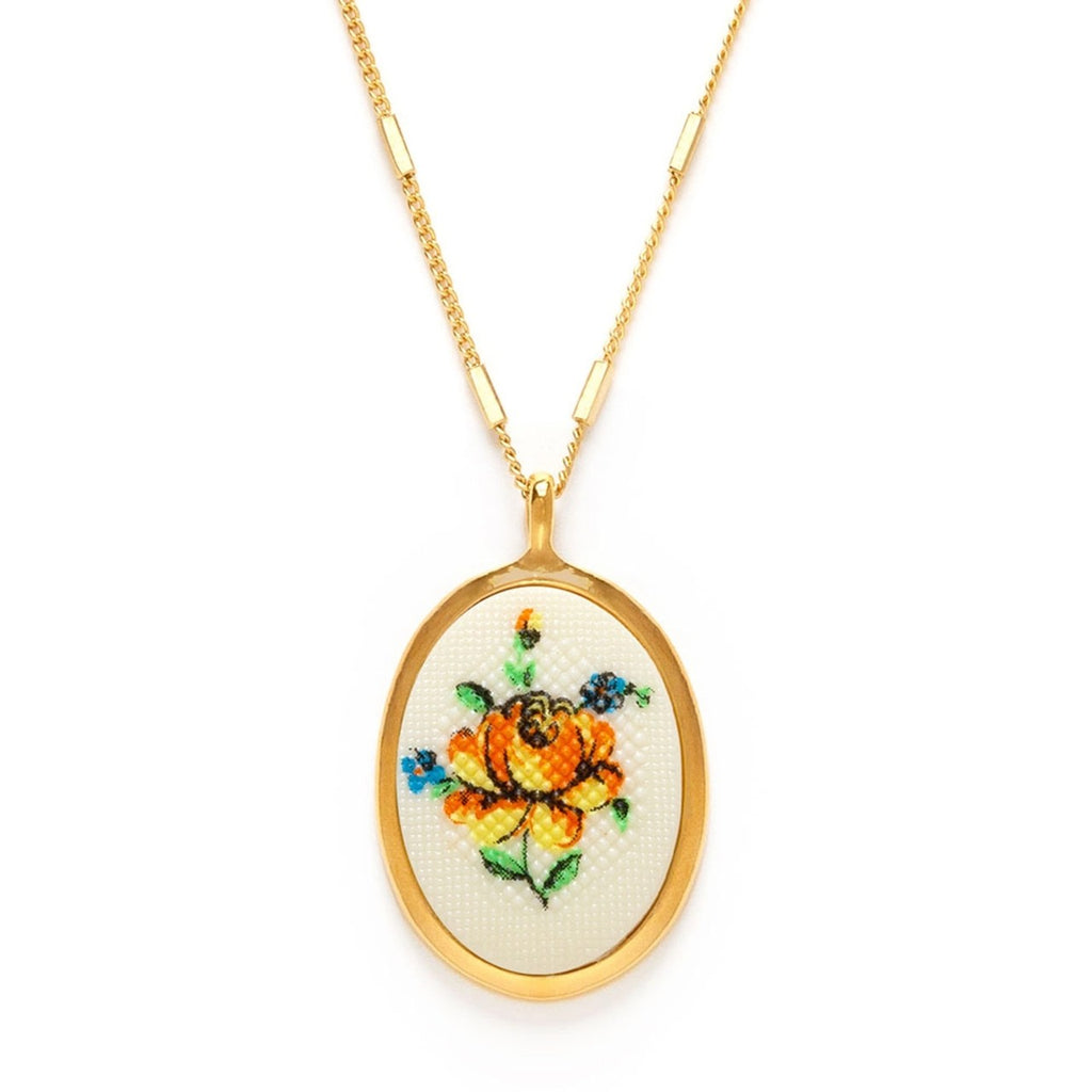 Needlepoint Vintage Flower Cameo Necklace Amano Studio Jewelry - Necklaces