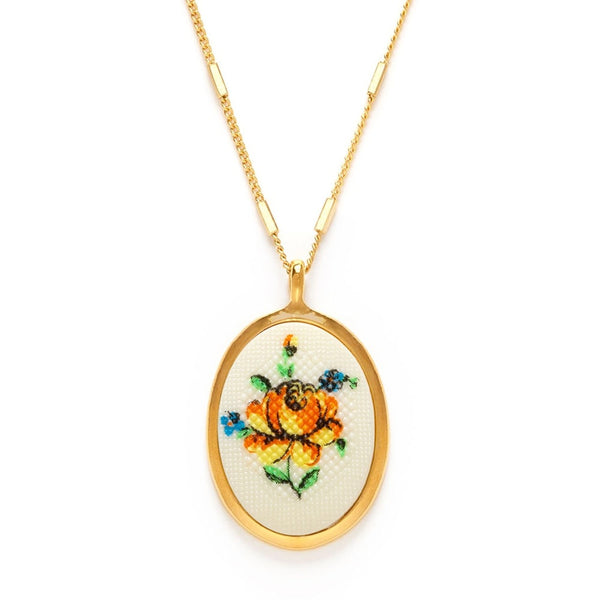 Needlepoint Vintage Flower Cameo Necklace Amano Studio Jewelry - Necklaces
