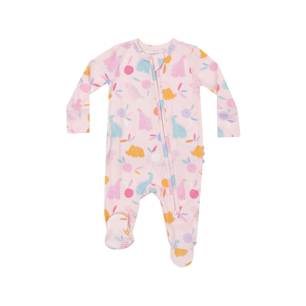 0-3M Long Sleeve Ruffle Back Zipper Footie - Floral Dinos Angel Dear Apparel & Accessories - Clothing - Baby & Toddler - One-Pieces & Onesies