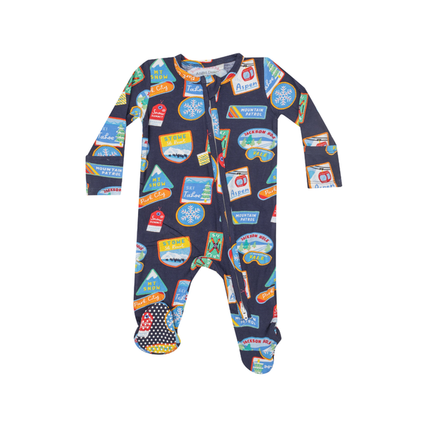 0-3M Zipper Footie Baby Sleepwear - Vintage Ski Patches Angel Dear Apparel & Accessories - Clothing - Baby & Toddler - One-Pieces & Onesies