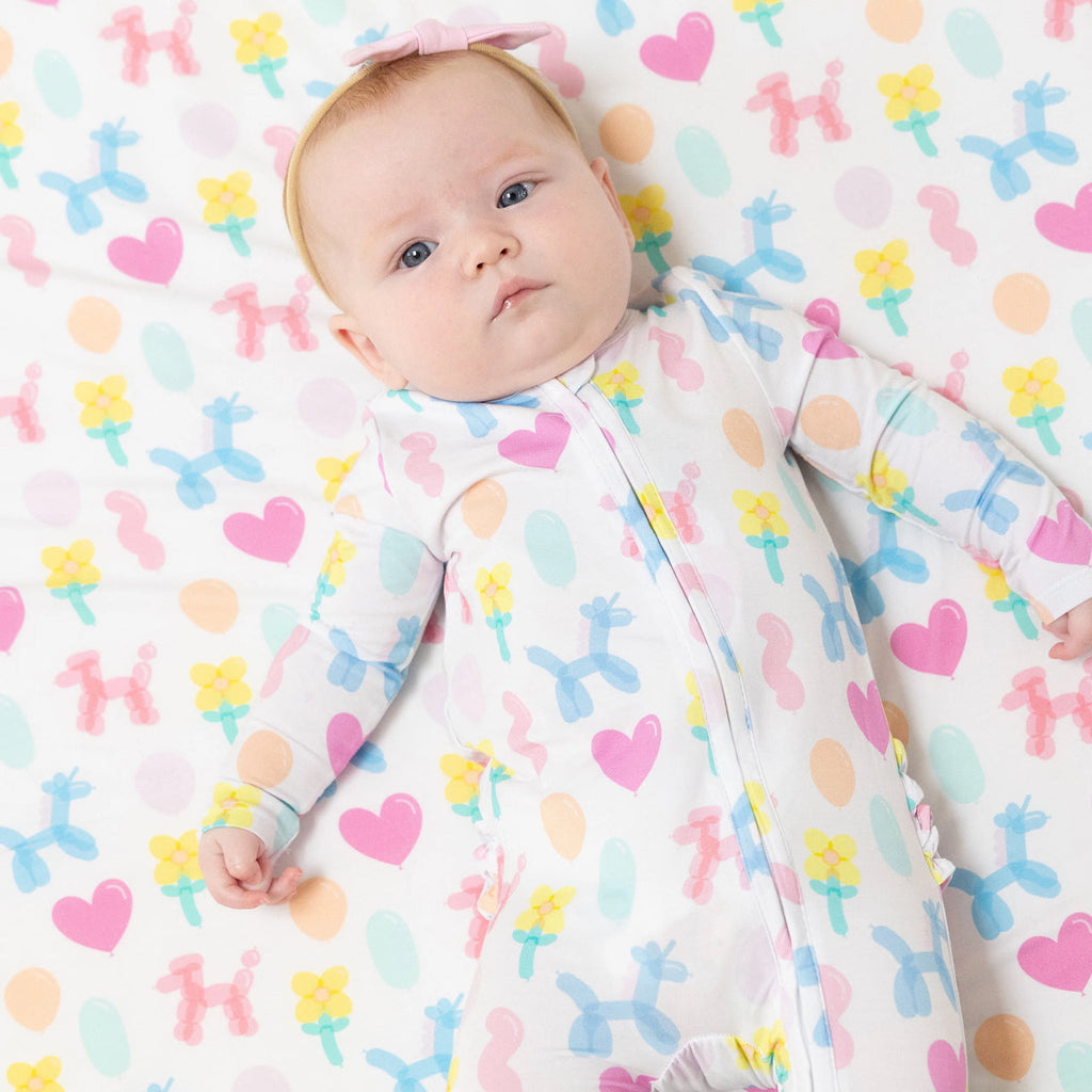 Long Sleeve Zipper Ruffle Back Footie - Balloon Animals - Pink Angel Dear Apparel & Accessories - Clothing - Baby & Toddler - One-Pieces & Onesies
