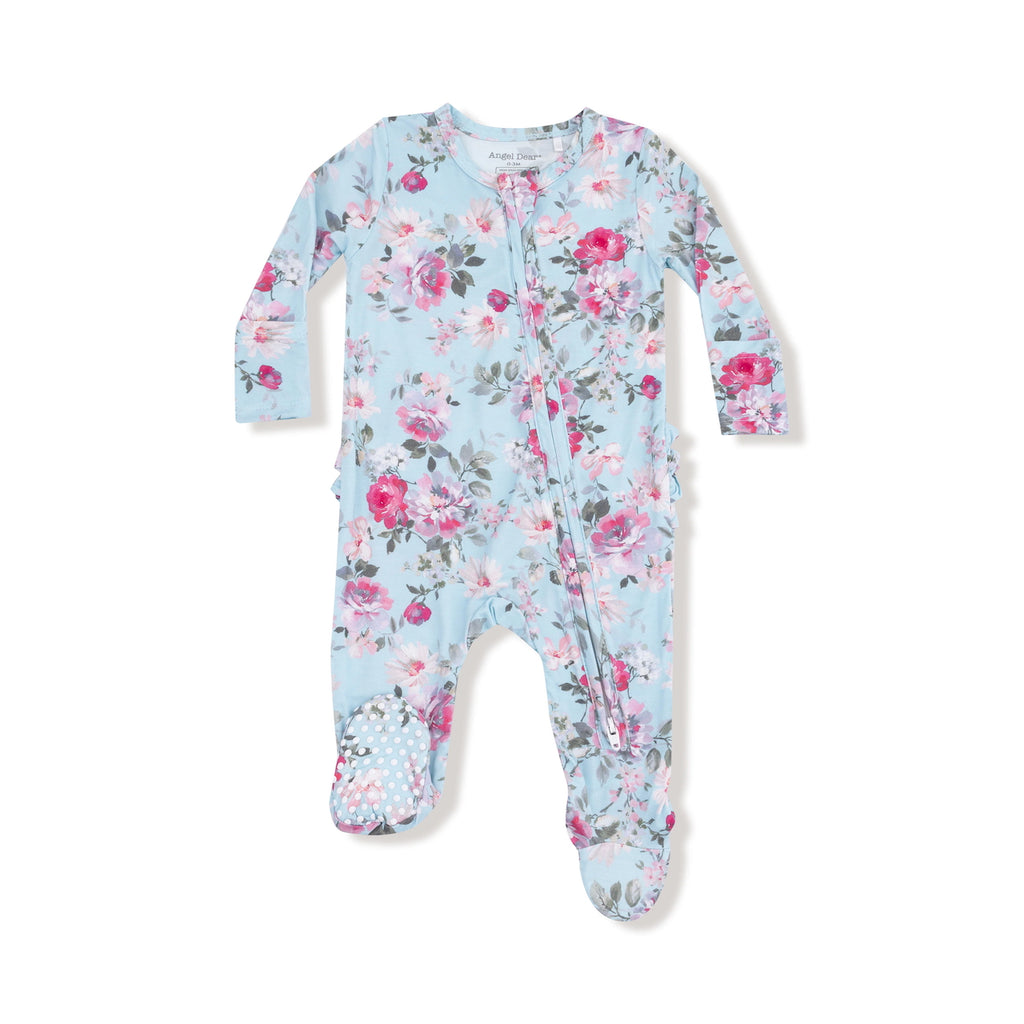 Long Sleeve Zipper Ruffle Back Footie - Charlotte Flora Angel Dear Apparel & Accessories - Clothing - Baby & Toddler - One-Pieces & Onesies