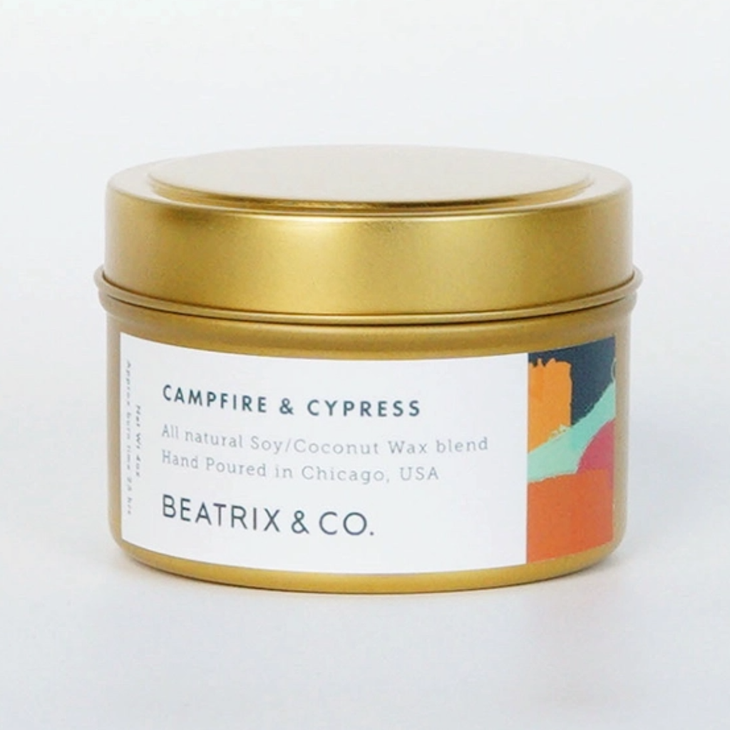 Campfire And Cypress Gold Tin Candle - 4oz Beatrix & Co Home - Candles