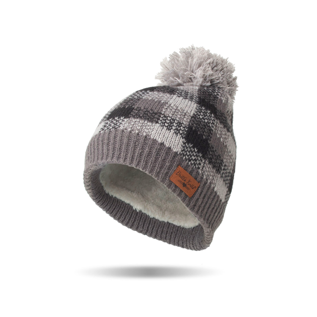 Gray Sweater Weather Pom Plaid Hat - Womens Britt's Knits Apparel & Accessories - Winter - Adult - Hats