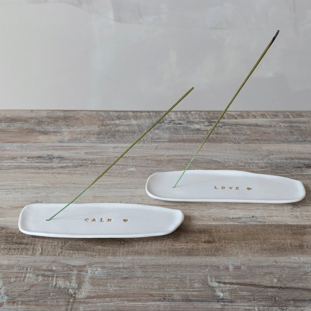 Love and Calm Stoneware Incense Holder with Gold Electroplating Creative Co Op Home - Candles - Incense, Diffusers, Air Fresheners & Room Sprays