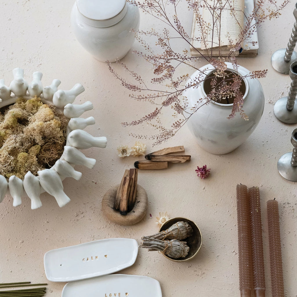 Love and Calm Stoneware Incense Holder with Gold Electroplating Creative Co Op Home - Candles - Incense, Diffusers, Air Fresheners & Room Sprays