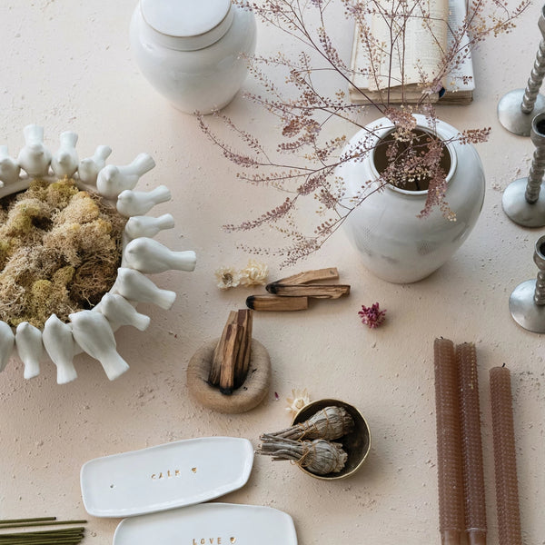 Love and Calm Stoneware Incense Holder with Gold Electroplating Creative Co Op Home - Candles - Incense, Diffusers, Air Fresheners & Room Sprays