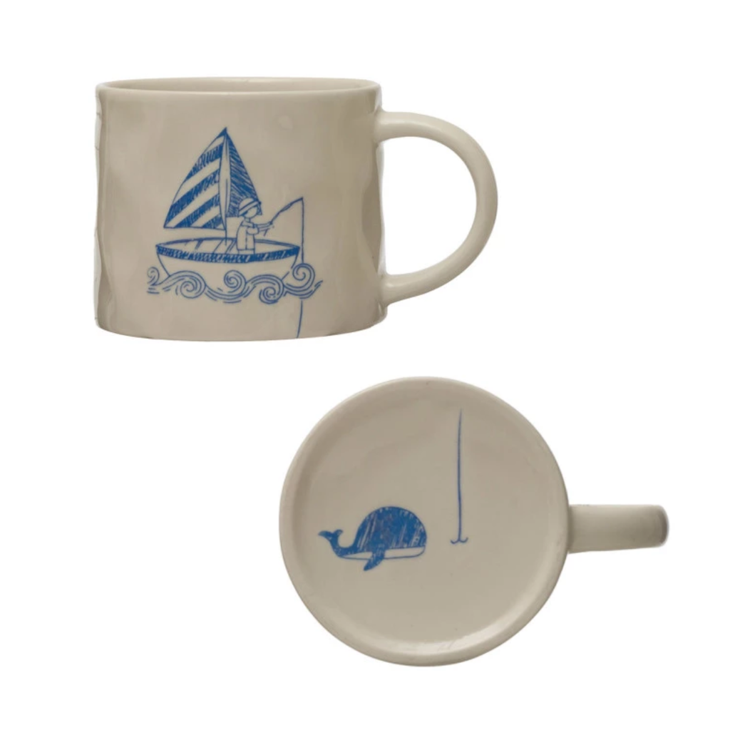 Sailboat Wax Relief Illustration Mugs With Secret Image on Bottom Creative Co Op Home - Mugs & Glasses