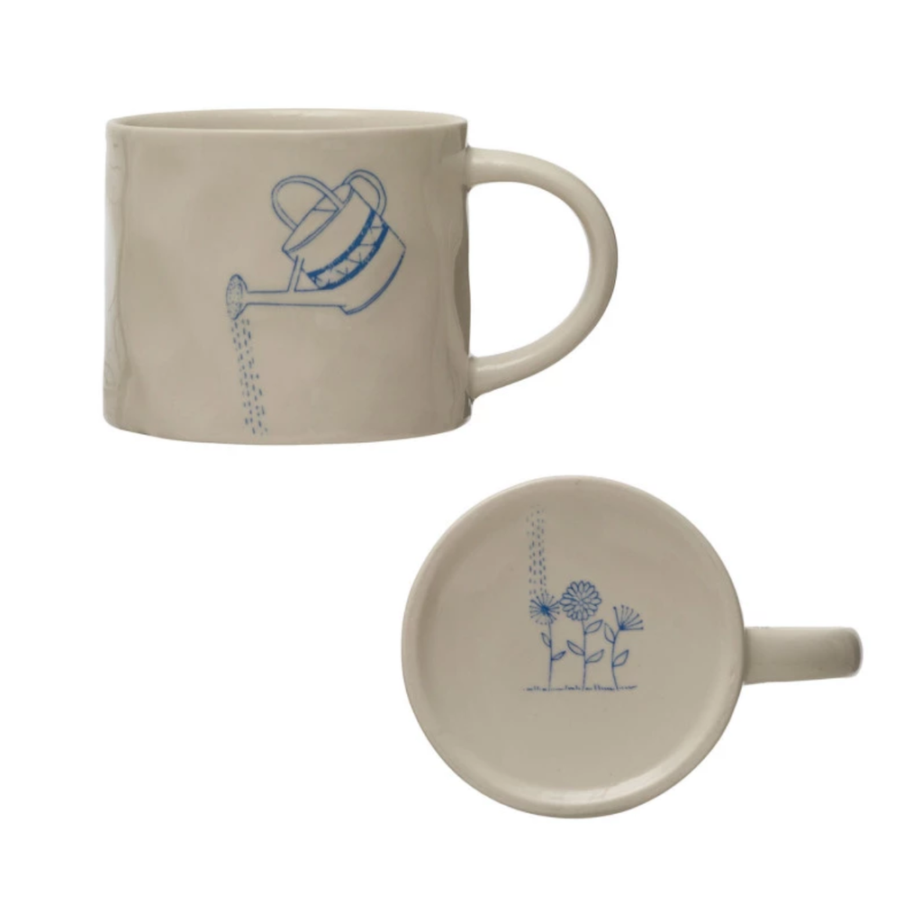 Watering Can Wax Relief Illustration Mugs With Secret Image on Bottom Creative Co Op Home - Mugs & Glasses