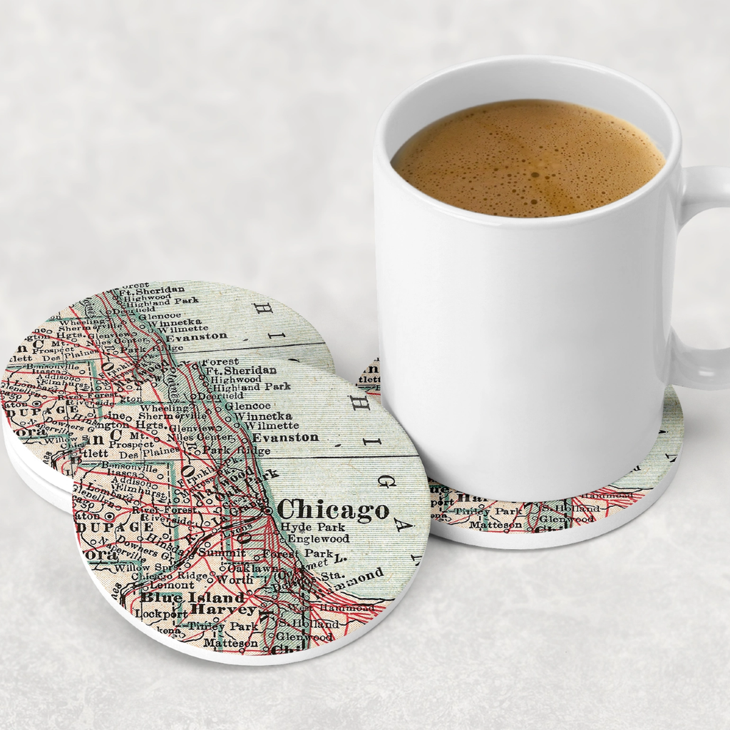 Chicago Illinois Vintage Map Round Ceramic Coaster Daisy Mae Designs Home - Barware - Coasters