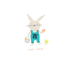 Cartoon bunny in overalls holding a basket with 'Happy Easter' text on a white background