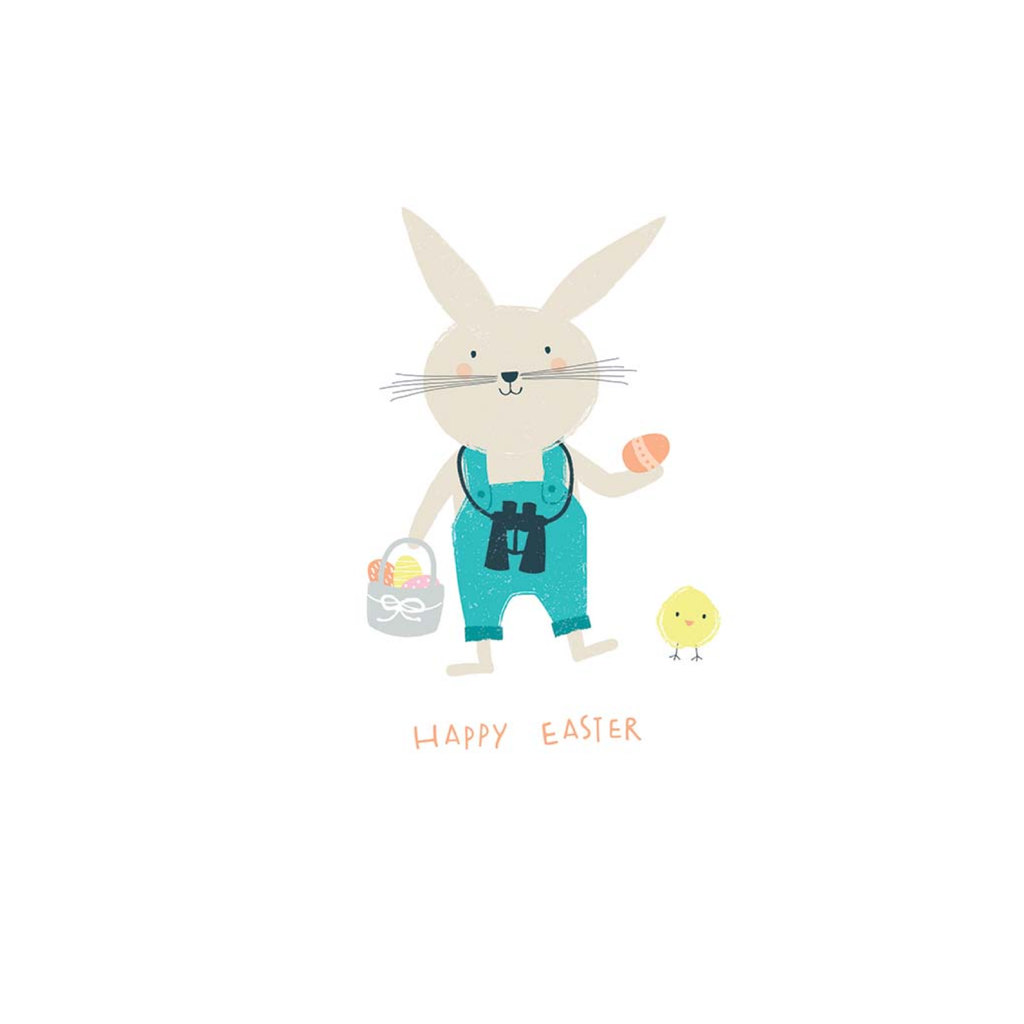 Cartoon bunny in overalls holding a basket with 'Happy Easter' text on a white background