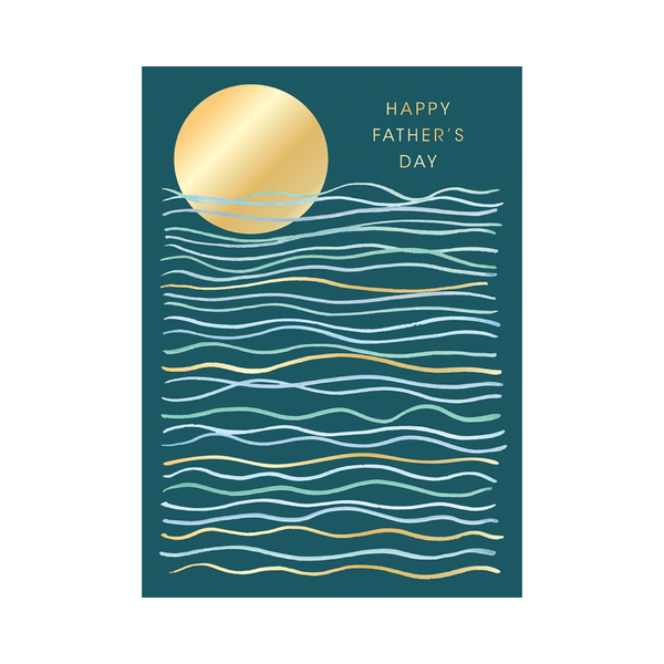 Father's Day card with gold sun and wavy lines on a blue background