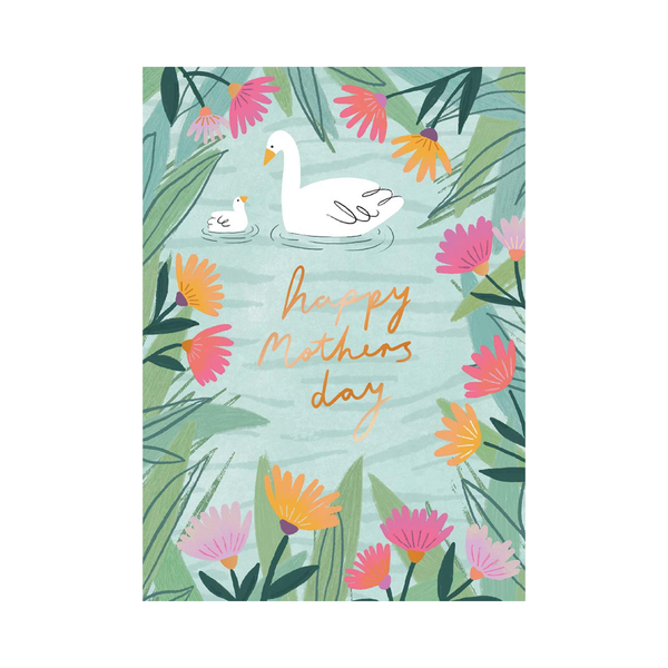 Greeting card with swans and flowers on a light blue background, featuring 'Happy Mother's Day' text.