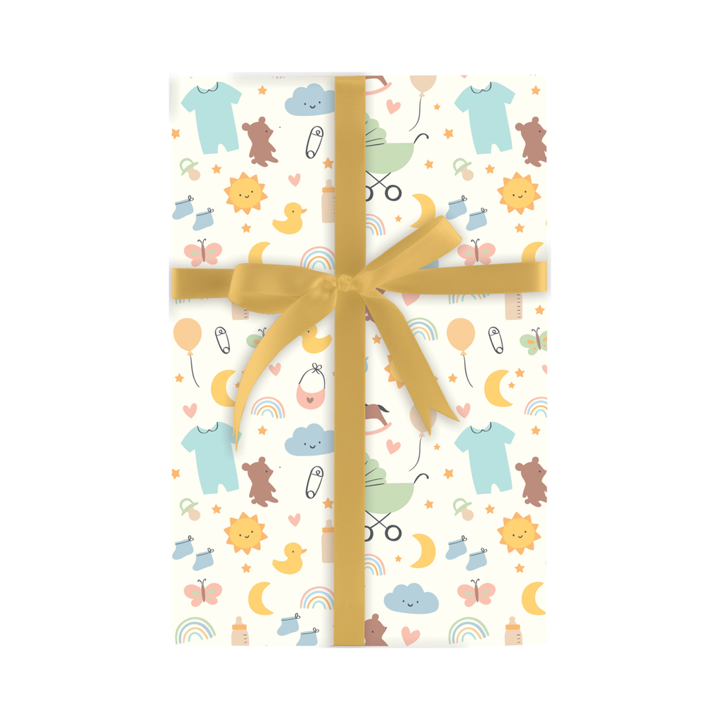 Gift wrap with baby-themed design and yellow ribbon on a white background