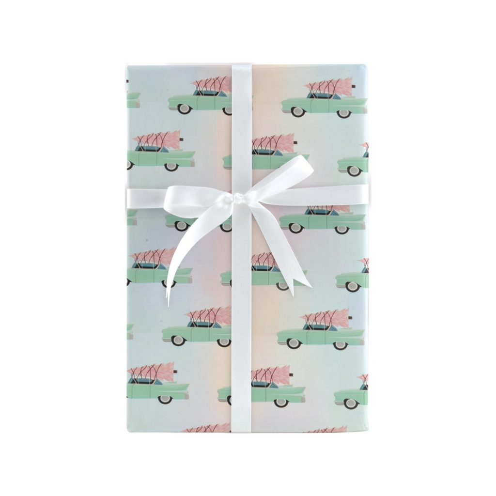 RETRO FESTIVE CAR & TREE Snowy Trees Holiday Gift Wrap Design Design Holiday Gift Wrap & Packaging - Holiday - Christmas - Gift Wrap