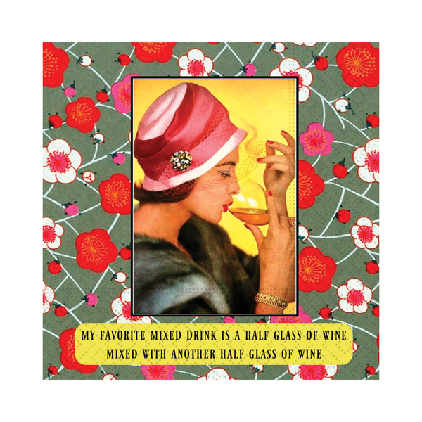 Vintage-style illustration of a woman in a pink hat with a floral border and humorous text.