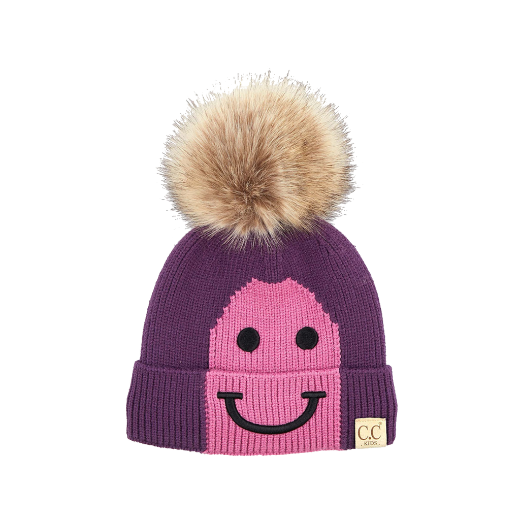 Purple/Lavender C.C Beanie Smiling Lined Fur Pom Winter Hat - Kids Hana Apparel & Accessories - Winter - Adult - Hats