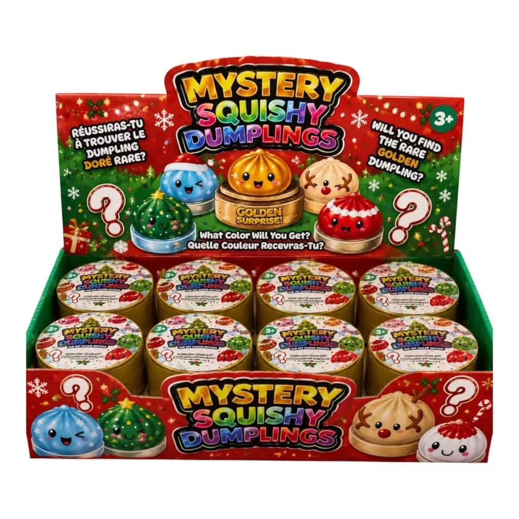 Display Mystery Squishy Dumplings toy with colorful packaging and dumpling illustrations.