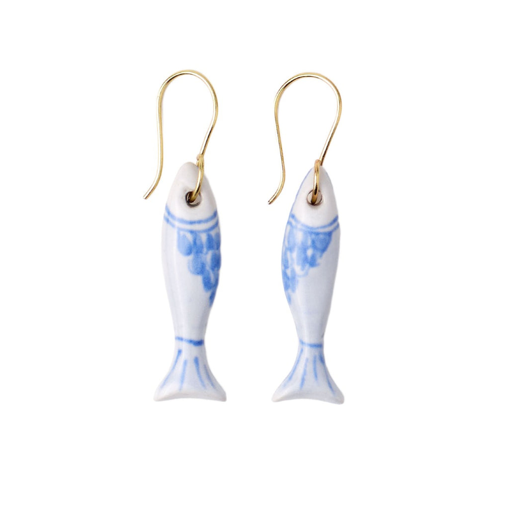 Blue & White Fish Danielle Ceramic Earrings Ink & Alloy Jewelry - Earrings
