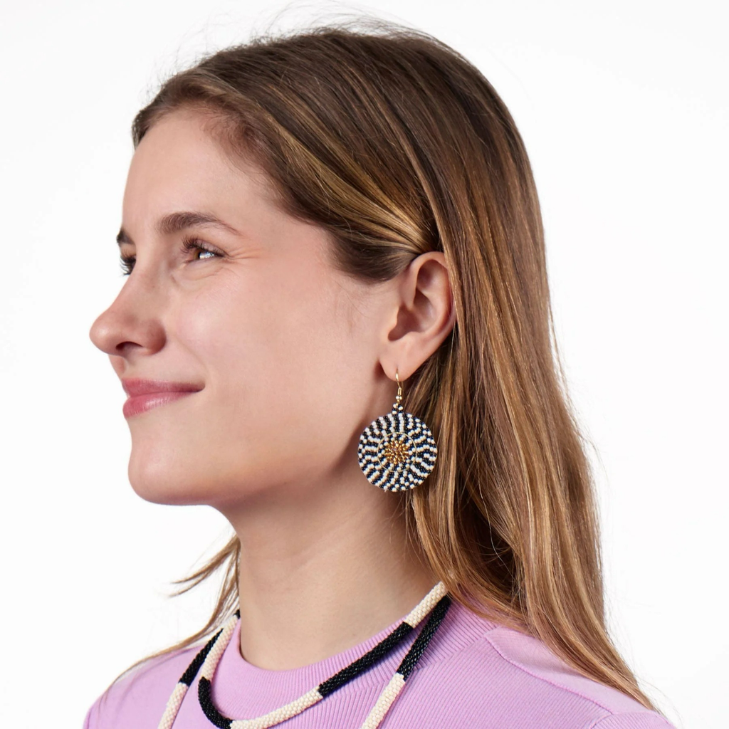 Ilene Round Beaded Dangle Earrings Black + White Ink & Alloy Jewelry - Earrings