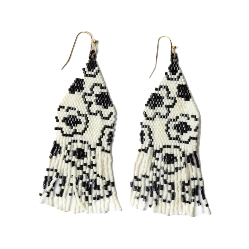 Ivory/Black Delilah Poppies Beaded Fringe Earrings Ink & Alloy Jewelry - Earrings