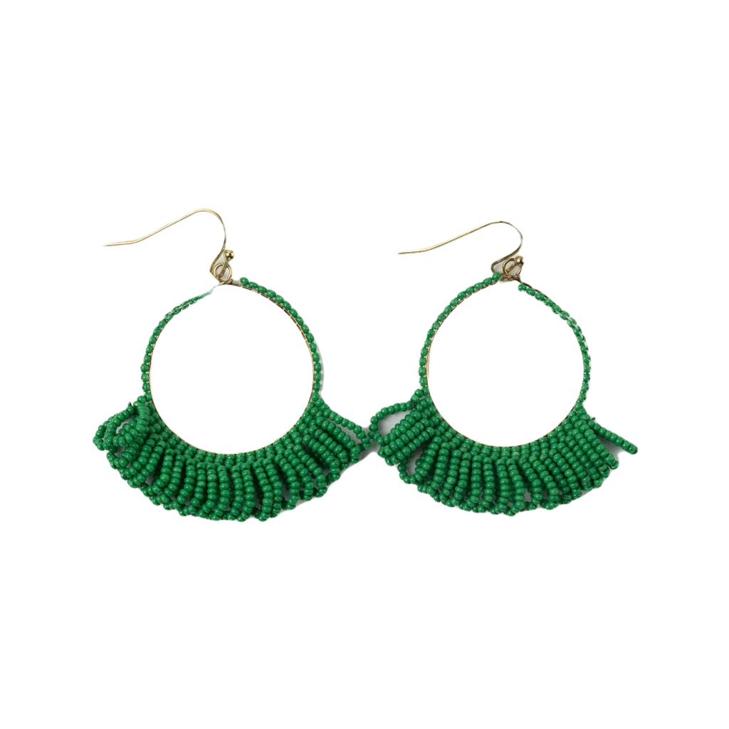 Kelly Green Kendra Fringe Hoop Seed Bead Earrings Ink & Alloy Jewelry - Earrings