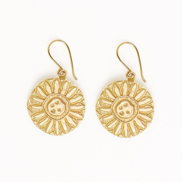 Mara Round Sunflower Dangle Brass Earrings Ink & Alloy Jewelry - Earrings