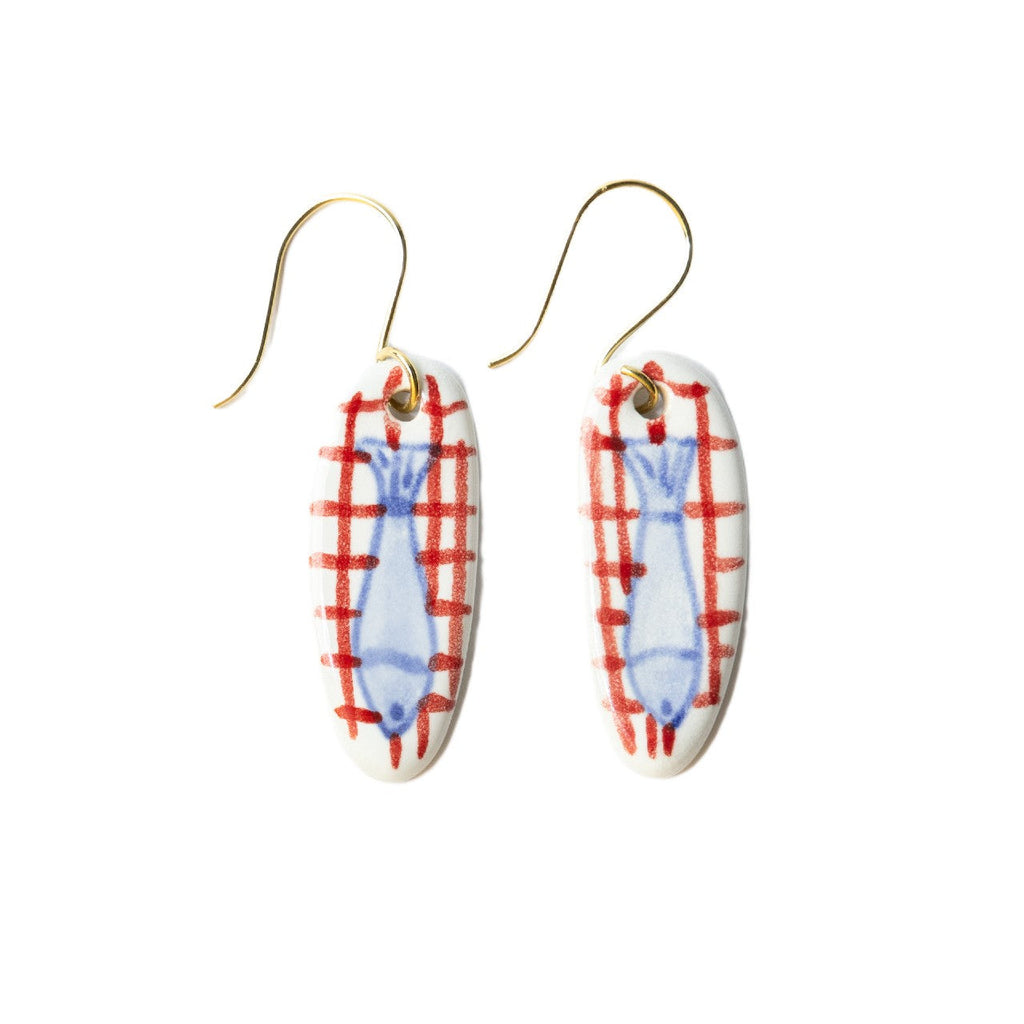 Oval (Fish Red Plaid) Danielle Ceramic Earrings Ink & Alloy Jewelry - Earrings