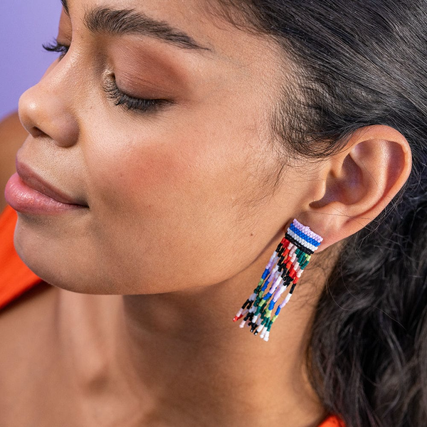 Rio Marilyn Diagonal Stripes Beaded Fringe Earrings Ink & Alloy Jewelry - Earrings