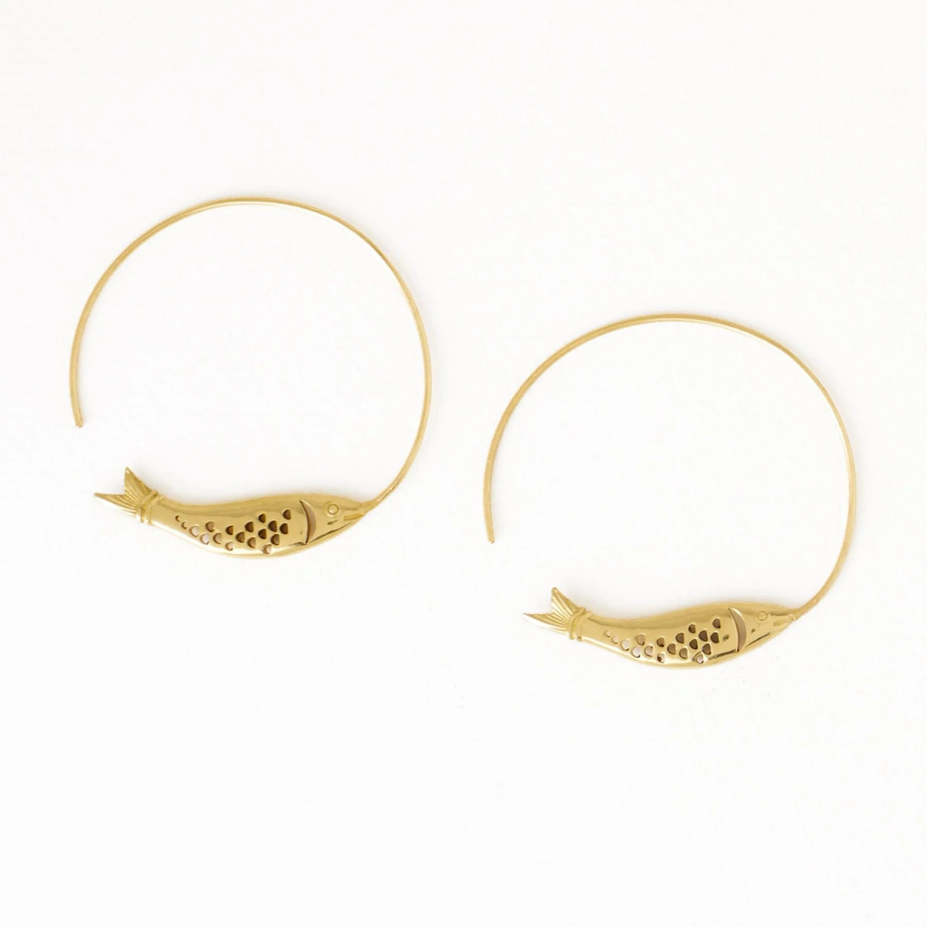 Wren Fish Hoop Brass Earrings Ink & Alloy Jewelry - Earrings