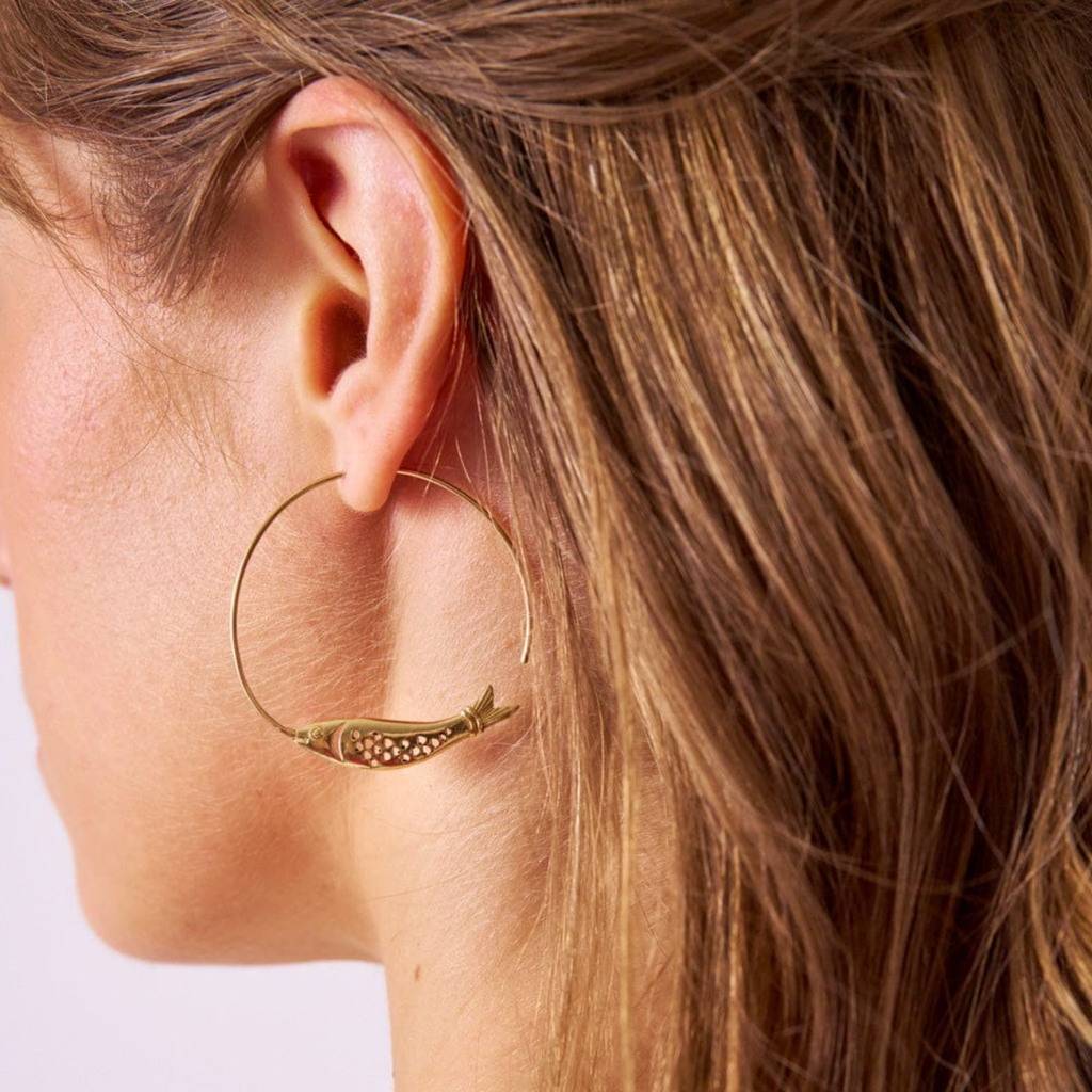 Wren Fish Hoop Brass Earrings Ink & Alloy Jewelry - Earrings