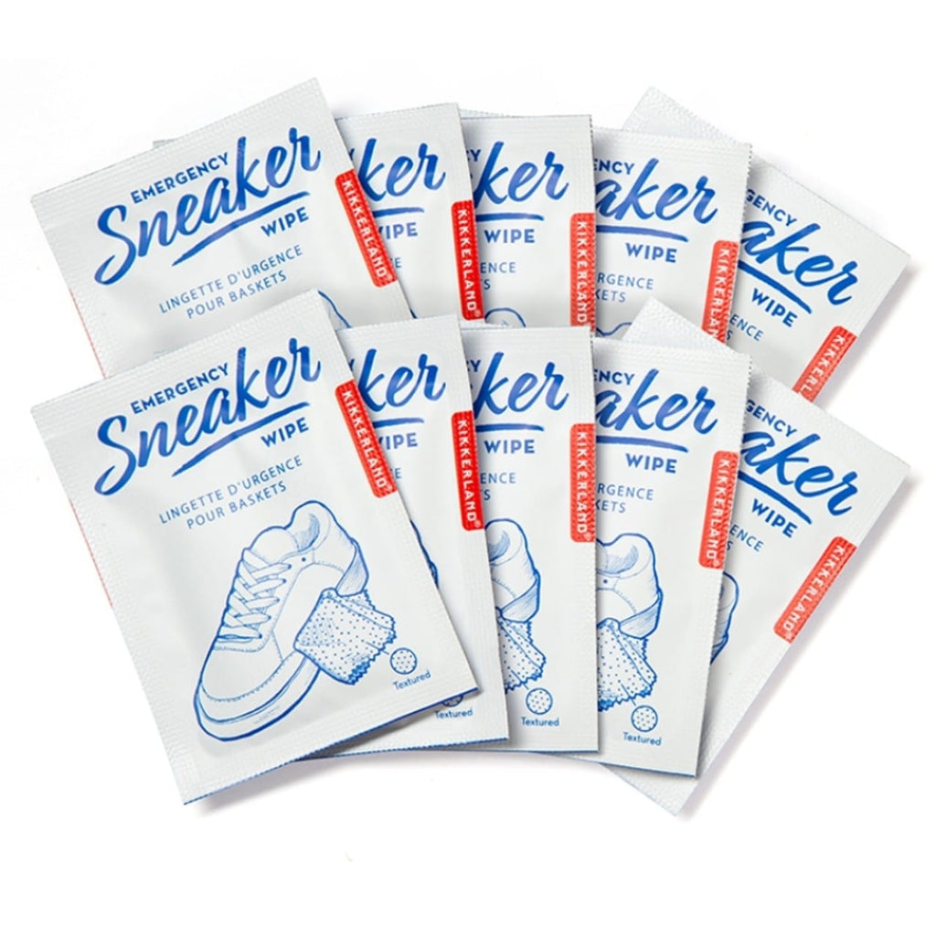 Multiple packages of Emergency Sneaker Wipes on a white background