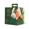 Golf towel packaging with a golf ball and club on a white background