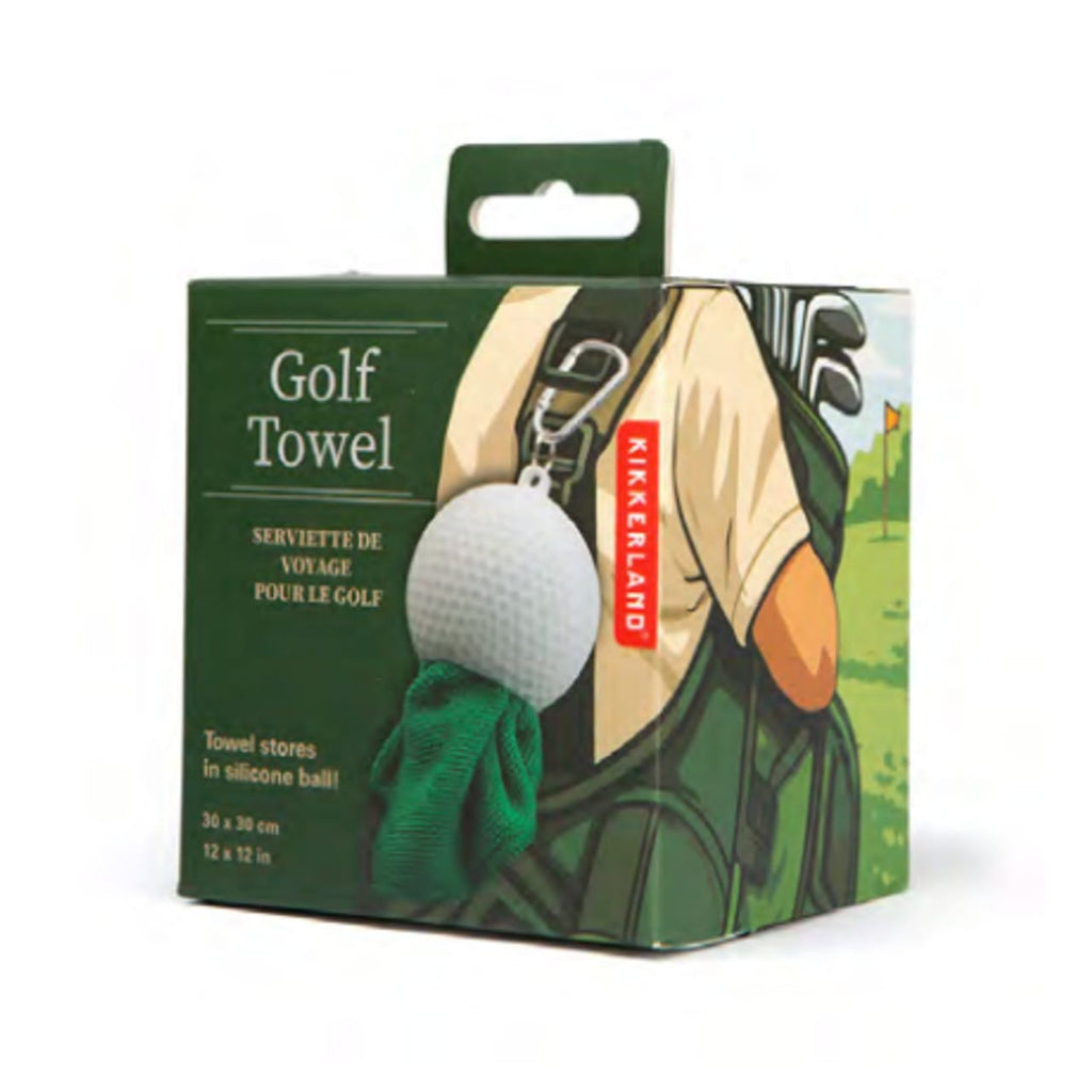 Golf towel packaging with a golf ball and club on a white background