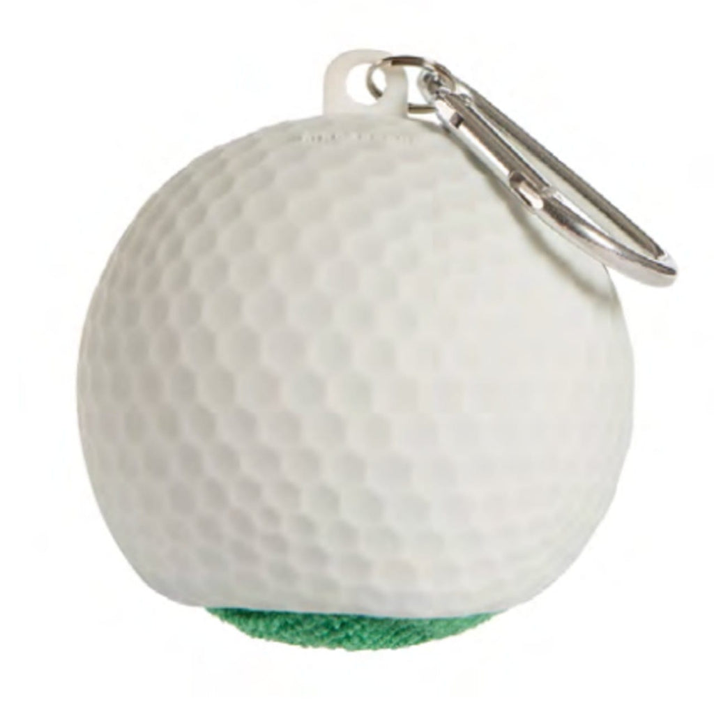 Golf ball-shaped keychain with a metal clip on a white background