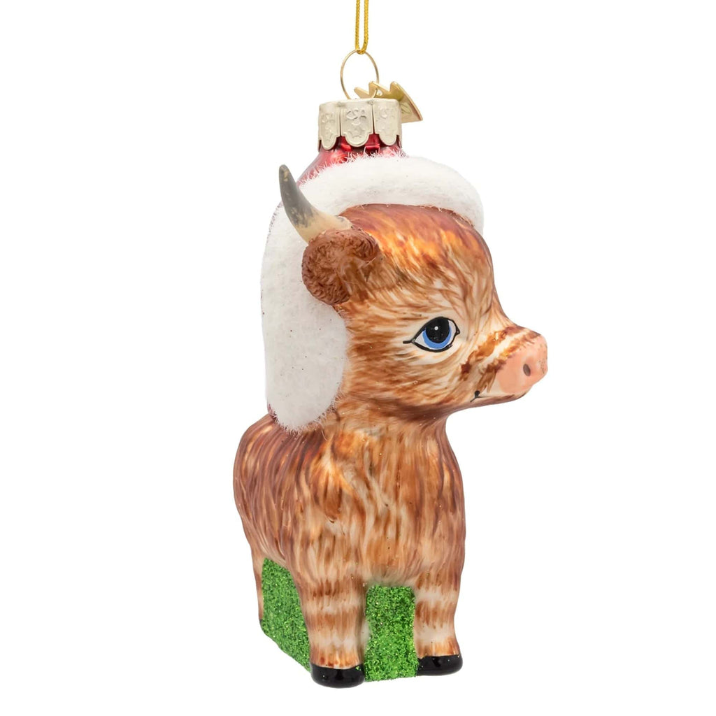 Noble Gems Glass Highland Cow With Santa Hat Ornament Kurt S Adler Holiday - Ornaments