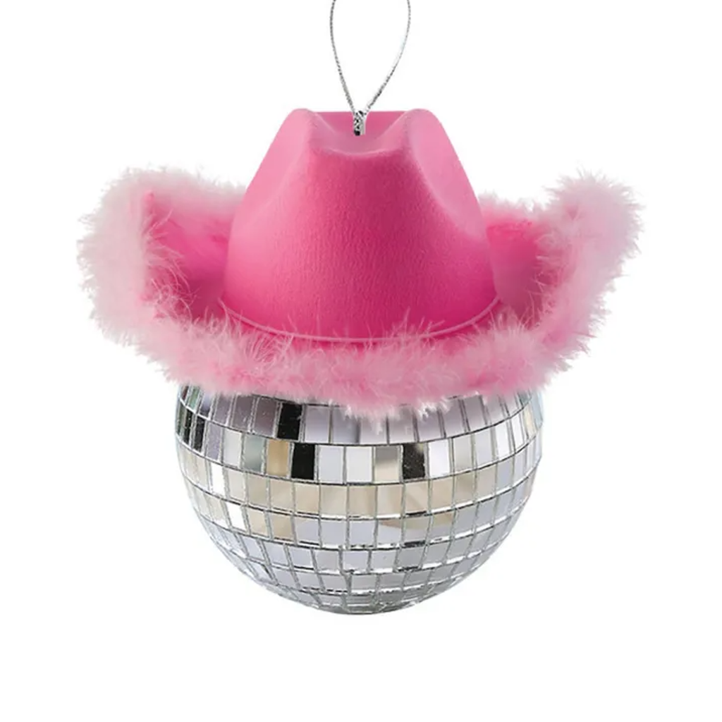 Silver Mirror Ball With Pink Cowboy Hat Ornament Kurt S Adler Holiday - Ornaments