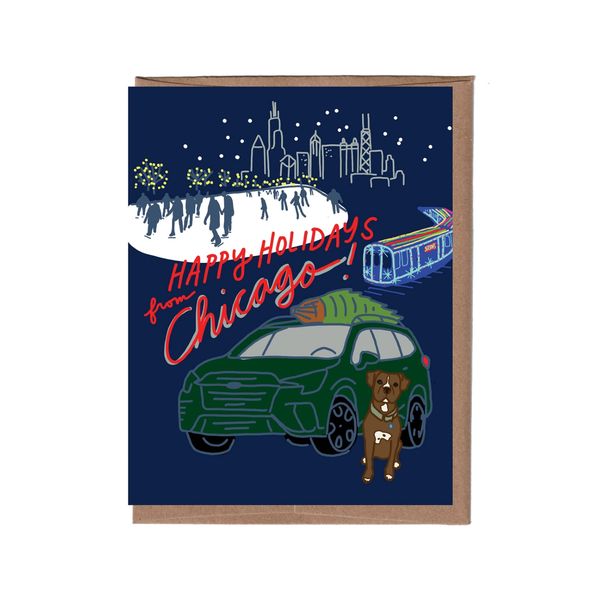 Cityscape Holiday Chicago Christmas Card - Boxed Set Of 8 La Familia Green Cards - Boxed Cards - Holiday - Christmas