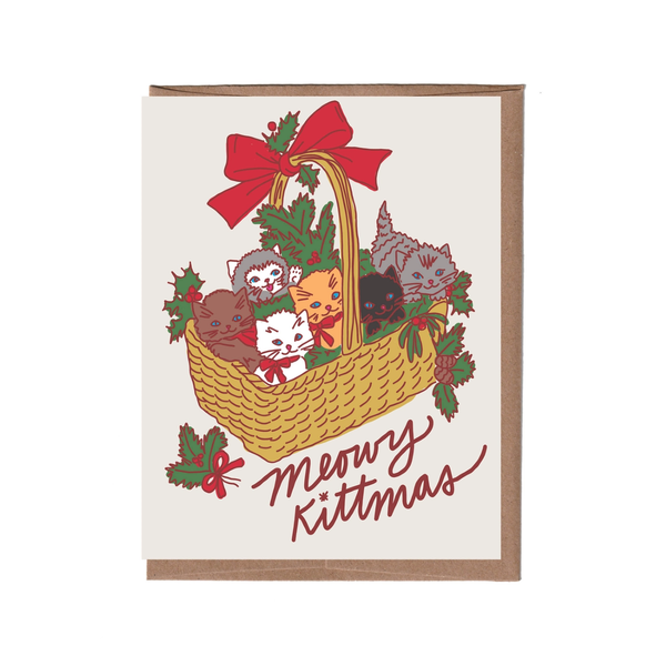 Vintage Cat Basket Christmas Card La Familia Green Cards - Holiday - Christmas