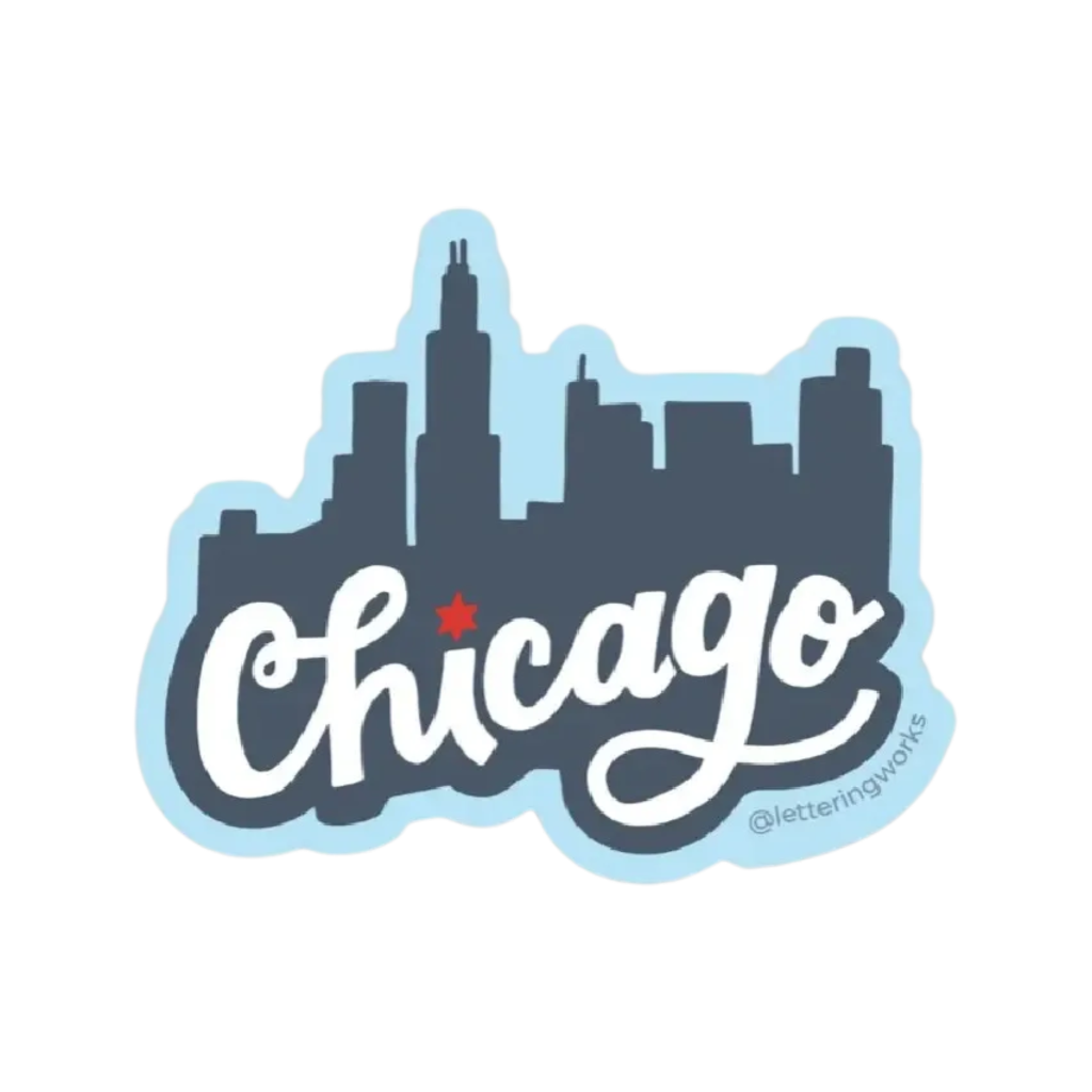 Hand Drawn Chicago Skyline Blue Sticker Lettering Works Impulse - Decorative Stickers