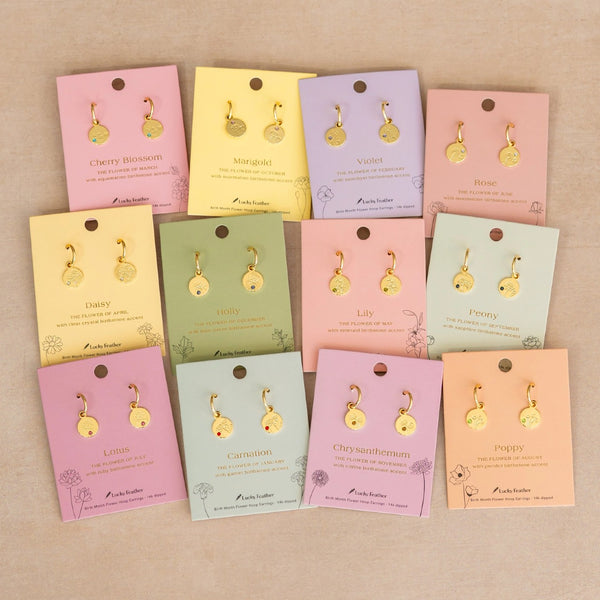 Birth Month Flower Earrings Lucky Feather Jewelry - Earrings