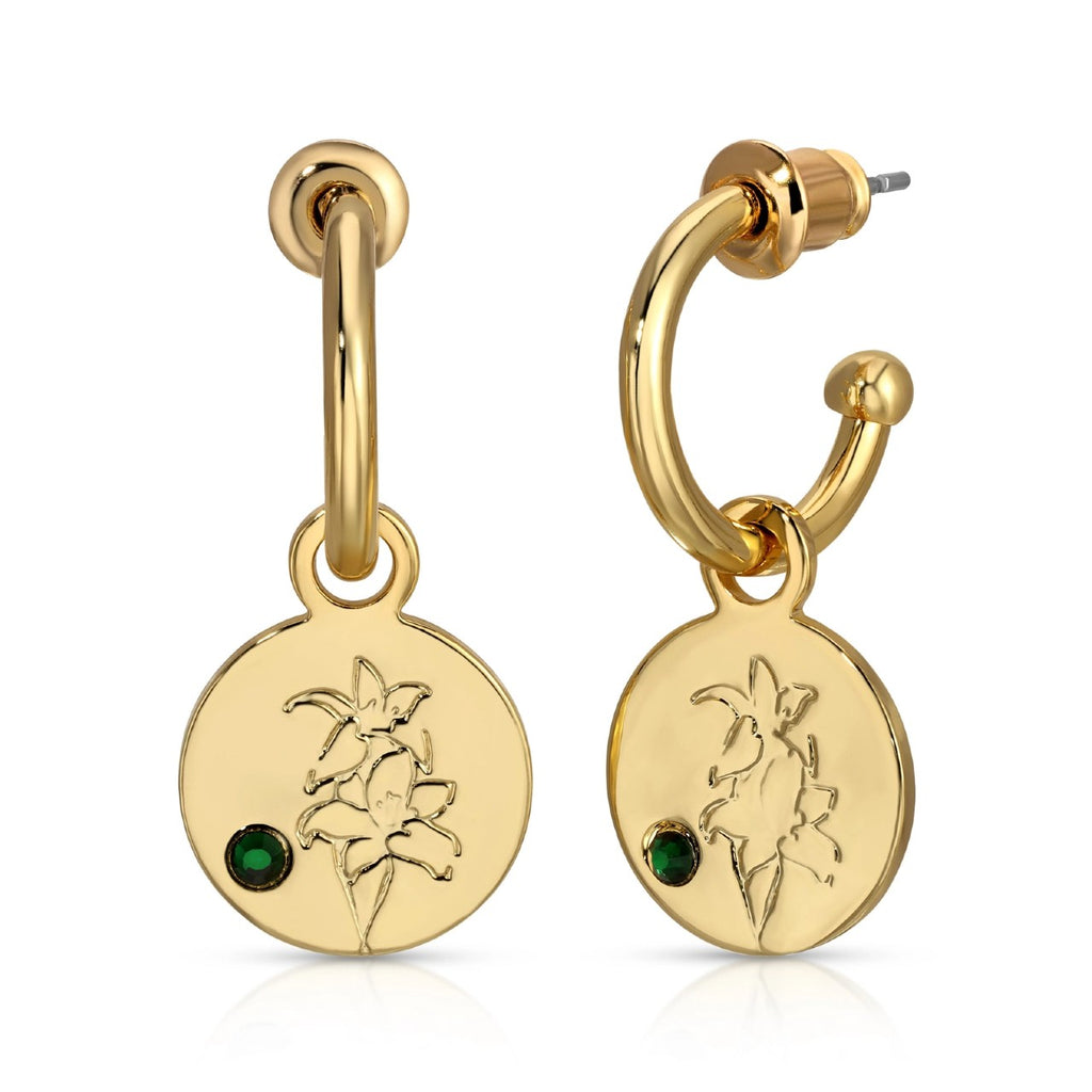May (Lily/Emerald) Birth Month Flower Earrings Lucky Feather Jewelry - Earrings